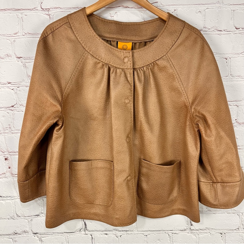 Ruby Rd Jacket Womens 16 Beige Faux Leather Pleated Loose Fit Cropped Coat